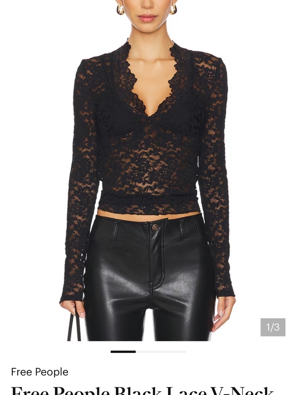 Free People Black Sheer Lace V-Neck Long Sleeve Top